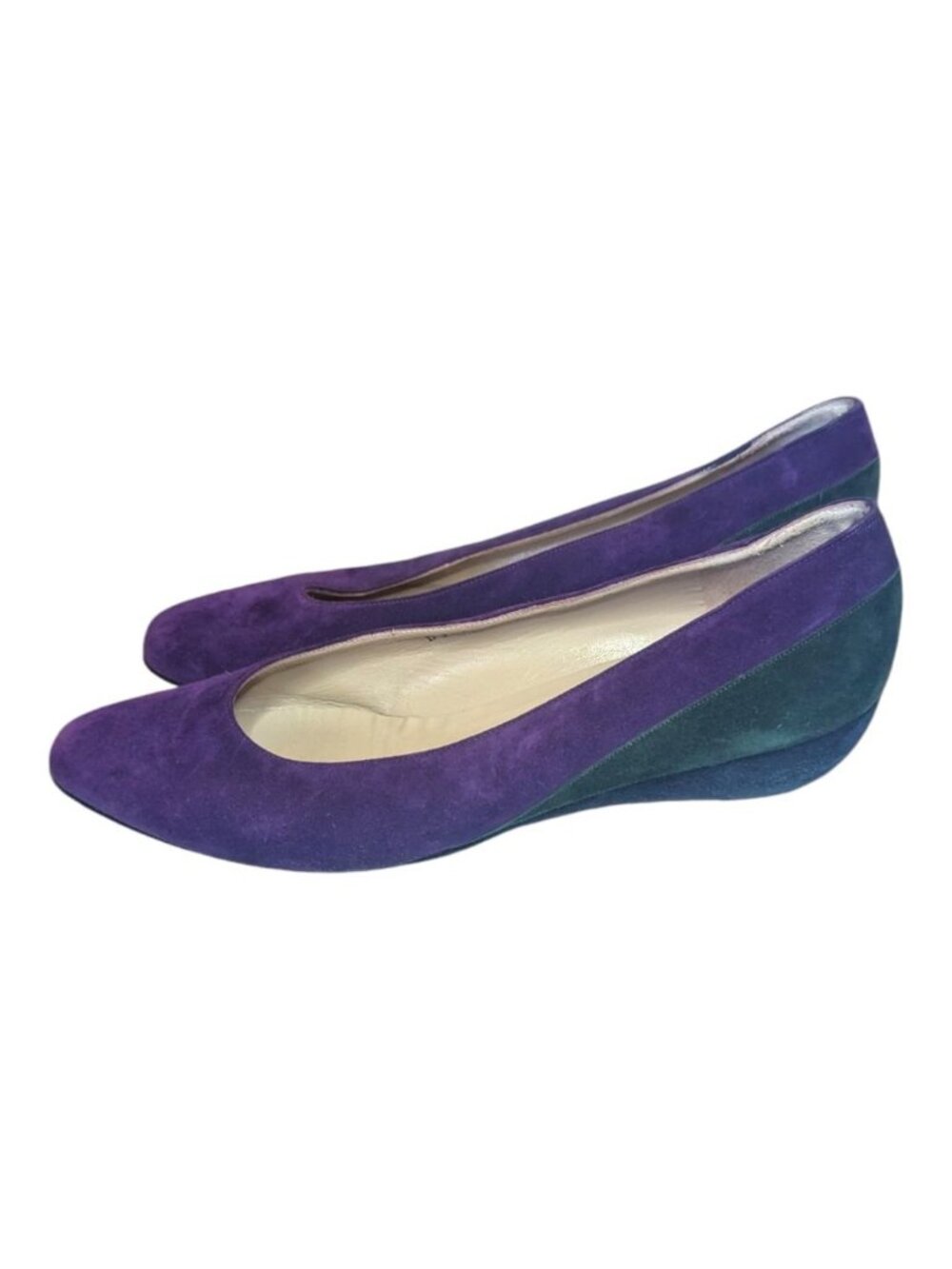 VTG Salvatore Ferragamo Purple Green Kitten Wedge Pointed Toe 9AA - Picture 2 of 7